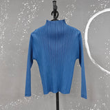 LANMREM 2025 New Long Sleeved Women's Pleated T-shirt Base Solid Color Stand Collar Slim Fit Long Pullover Tops Chic 2DB2996