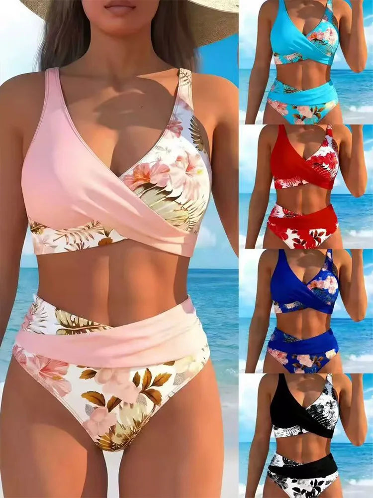 V Neck Tank Swimwears High Waist Bikini Summer Beach Bathing Suit Swimsuit Women Vertical Stripe Patchwork Bikini Set Wrap Front