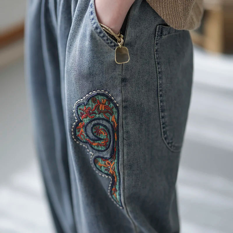 Spring Fall New Arrival Ethnic Style Embroidered Jeans Women Loose Casual Denim Harem Pants Elastic High Waist Female Trousers