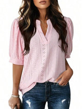 Womens Summer Casual V-Neck Short Sleeve Hollow Out Top