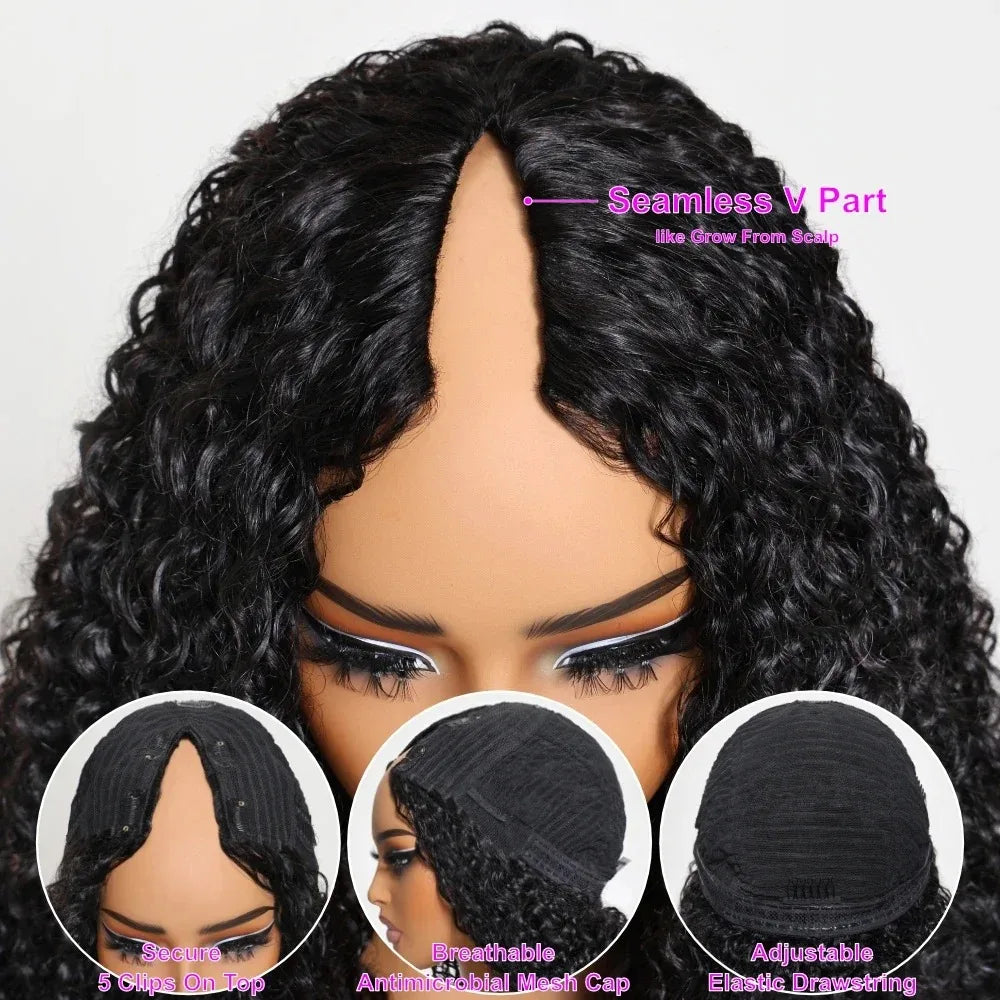 Deep Wave V Part Human Hair Wigs Black Wavy Upgrade U Part Human Hair Wig Brazilian Remy V Part Water Wave Wigs Full Machine Made Wig