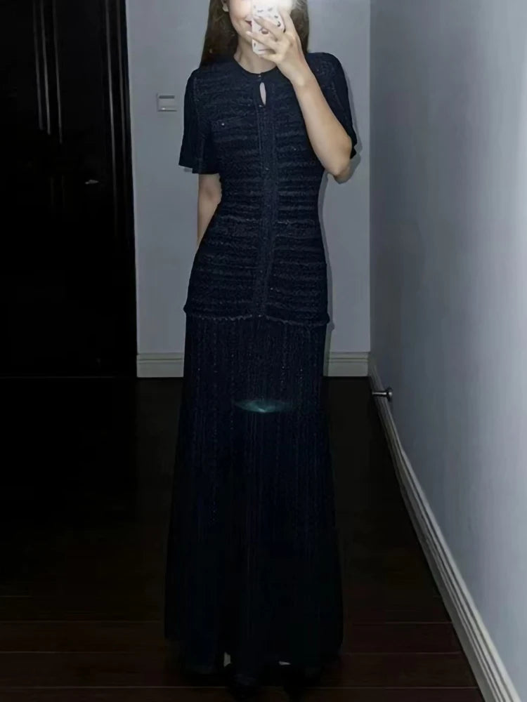 High Quality New Fashion Dark Blue Temperament Knit Long Dress Women Elegant O-neck Hollow-out Short Sleeve Slim Robe Ladies