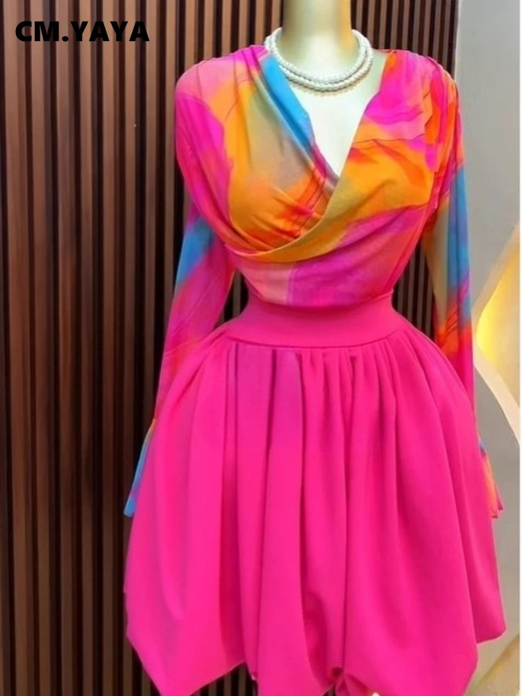 CM.YAYA Women Hot Pink Tie Dye Mesh Long Sleeve Wrap V Neck High Waist Pleated Irregular Hem Mini Party Dress 2026 Summer Dress