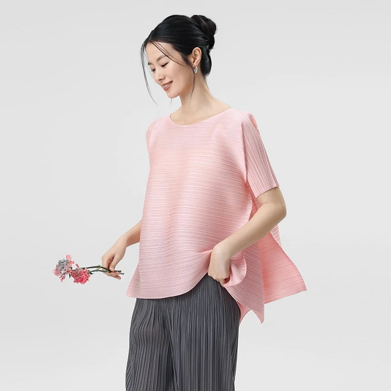 LANMREM Premium Pink Pleated Asymmetrical Women's T-shirt Batwing Sleeve Round Neck Loose Fit Daily Commute Pullover Top 2DB7499