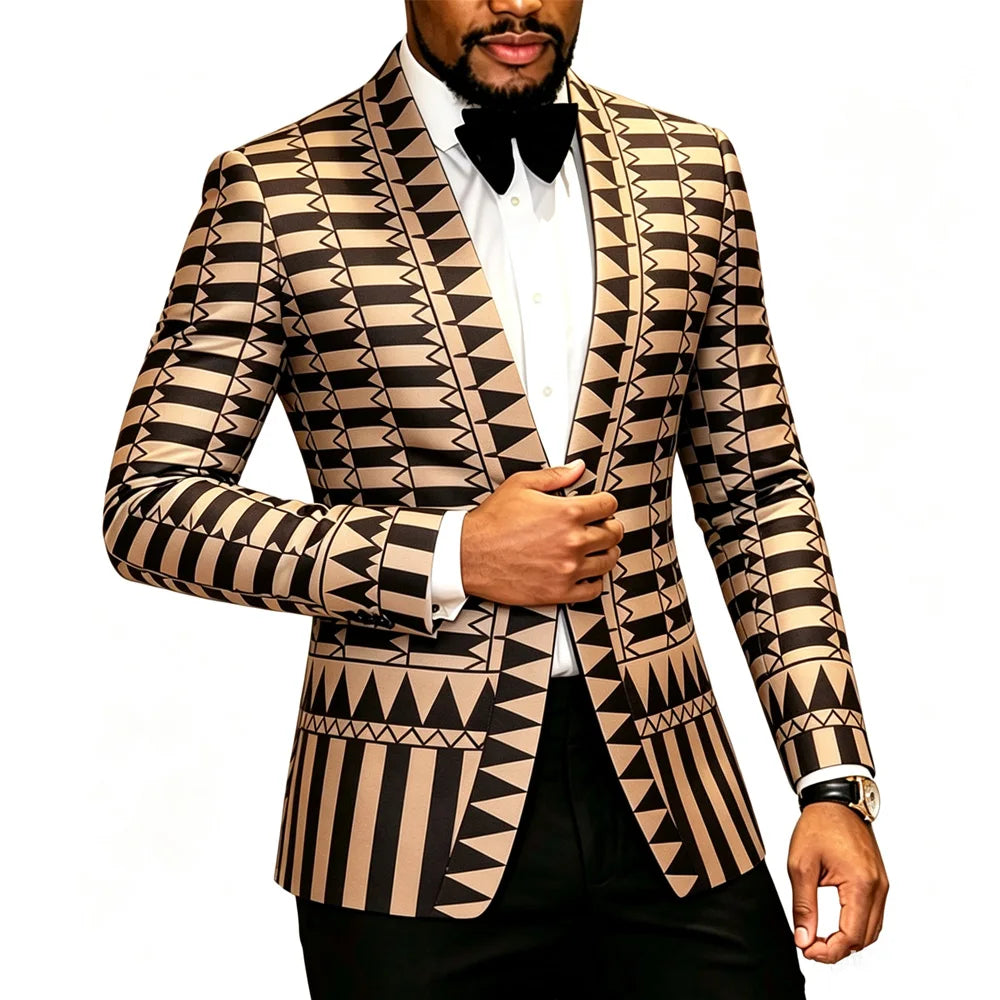 Men Black White Geometric Print Blazer Shawl Lapel Slim Fit Jacket Formal Wedding Groom Tuxedo For Party Prom