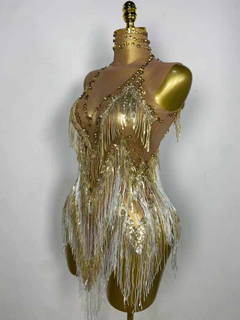 Stock Nightclub Singer Dance Stage Costume Evening Gowns Women Sexy Stretch Mesh Sparkly Rhinestone Tassels Mini Dress