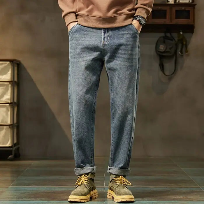 2026 Spring Men's Retro Harem Denim Jeans Loose Fit Harajuku Straight Pants Solid Color Comfortable Versatile Fashion Trousers
