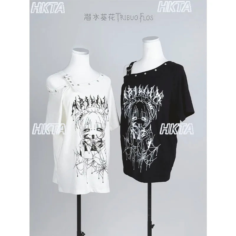 Original Off-shoulder Cami Tshirt Black White Oversized Japanese Subculture Cute Cosplay Women's T-shirts Harajuku Y2k Aesthetic