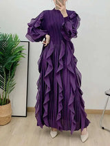 LANMREM Elegant Pleated Dress For Women Stand Collar Puff Sleeves High Stretch Personalized Dresses 2025 Spring New 2Z2817