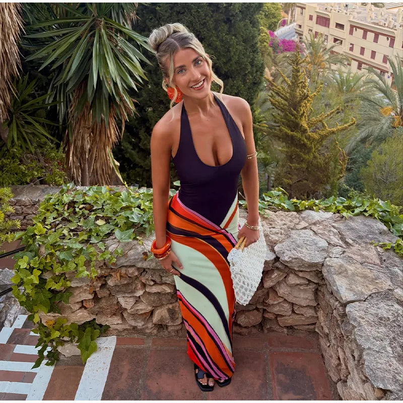 Sexy Contrast Halter Long Dress Women Sleeveless Backless Hip Package Maxi Dresses 2026 Summer Lady Patchwork Vacation Robes