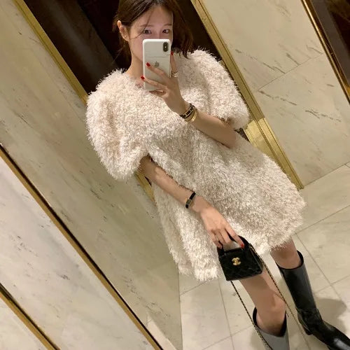 Chic Autumn Winter Short Sleeve V Neck Fluffy Casual Color Dress Women's Loose Fit City Walk a Line Skirt Korean Style
