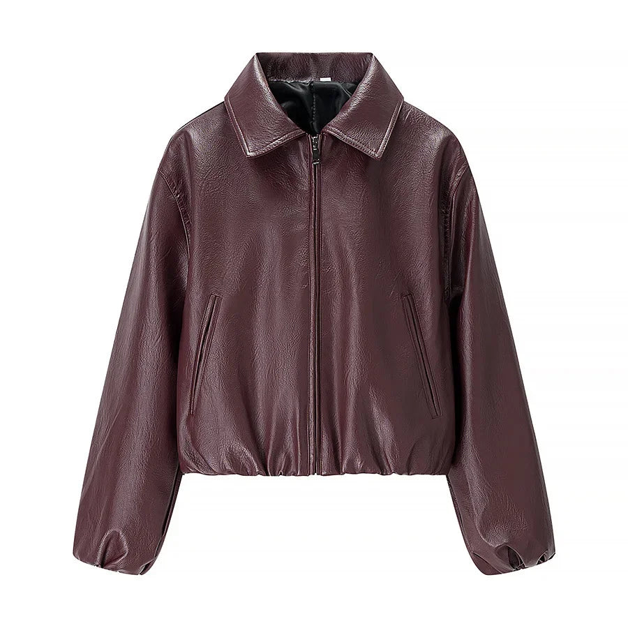 European and American style women's fashion loose-fit long-sleeve leather jacket with a collar