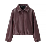 European and American style women's fashion loose-fit long-sleeve leather jacket with a collar