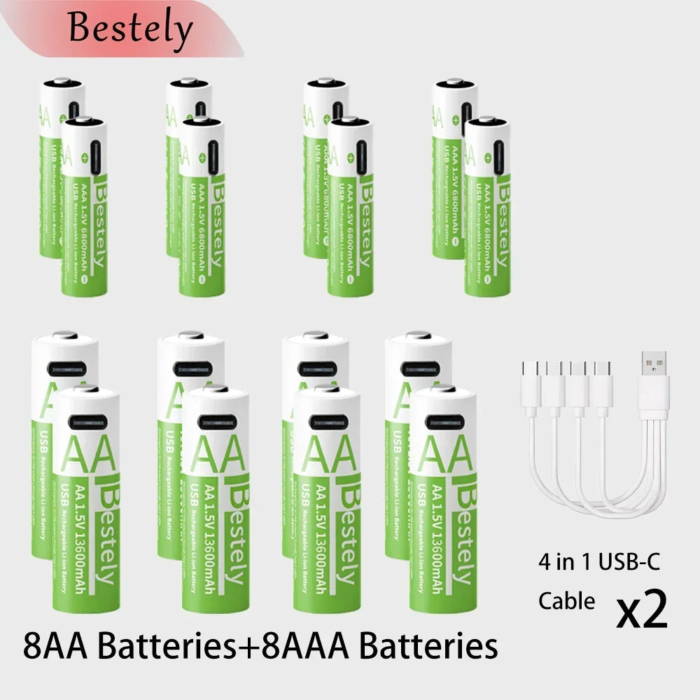 BaKKiter 1.5V AAA 6800mAh/ AA 13600mAh Rechargeable Lithium-ion Batteries Fast Charging Li-ion Battery 2000 Cycles /USB-C Cables