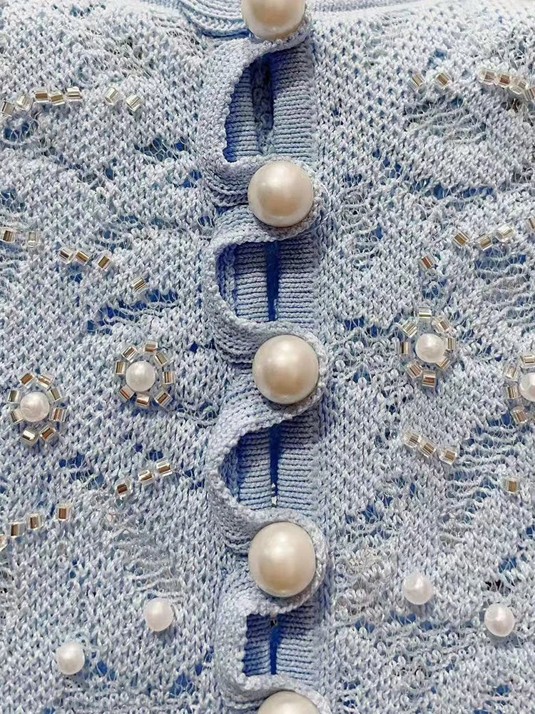 Fashion Blue Pearl Decoration Lace Jacquard Knit Midi Dress Women Temperament Elegant O-Neck Short Sleeve Slim Robe Ladies