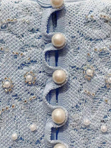 Fashion Blue Pearl Decoration Lace Jacquard Knit Midi Dress Women Temperament Elegant O-Neck Short Sleeve Slim Robe Ladies