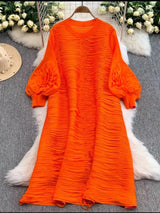 Mizhai Nail Beads Hollow Fringed Disc Pleats High-end Loose Round Neck Heavy Industry Lantern Sleeves Long Dress Women's New