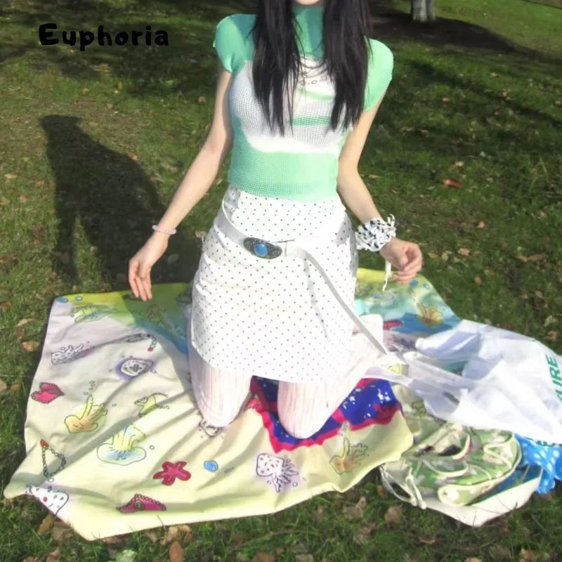 Euphoria Y2K Sweet Patchwork Green Short Sleeve Folds T-Shirts For Women Casual Slim Fit Fashion Knitted Tees Shoujo Tops