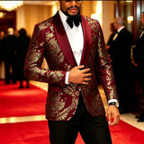 Men Black Gold Floral Jacquard Blazer Black Satin Shawl Lapel Slim Fit Jacket Wedding Groom Tuxedo For Party Prom
