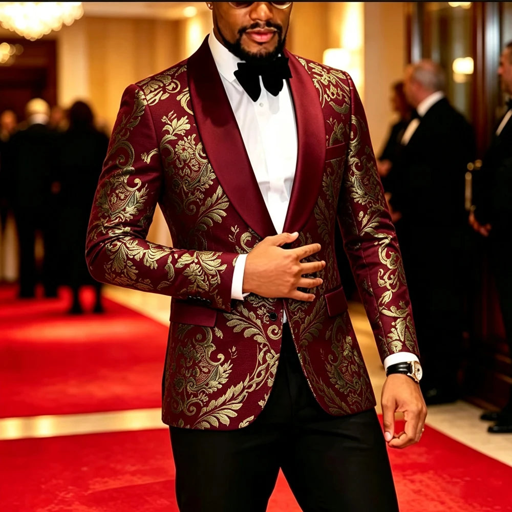 Men Black Gold Floral Jacquard Blazer Black Satin Shawl Lapel Slim Fit Jacket Wedding Groom Tuxedo For Party Prom