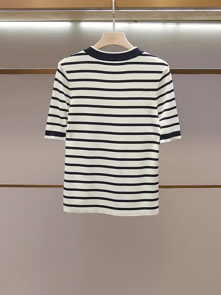 Summer New 2026 Women Short Sleeved Loose Round Neck Striped T-Shirt and Top Versatile