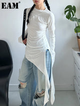 [EAM] Women White Irregular Hem Elegant Long Slim T-shirt New Round Neck Long Sleeve Fashion Tide Spring Autumn 2026 1DJ0097