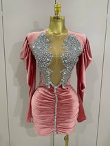 Sparkly Crystals Sexy Mesh Black Velvet Short Dress 2025 Women Elegant Evening Prom Luxury Birthday Party Dresses Stage Costume