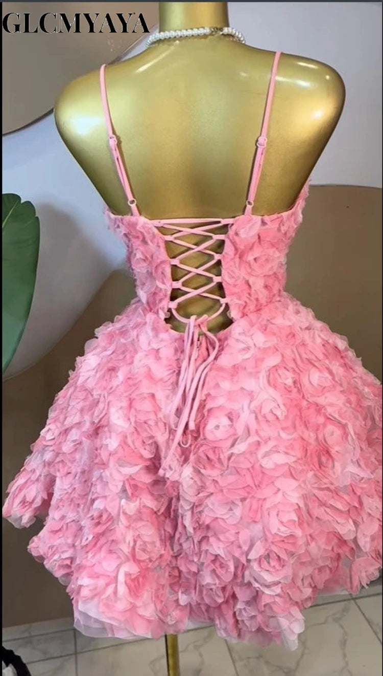 CM.YAYA Women Rose Floral Spaghetti Strap Lace Up Back Midi Mini A-line Dress 2026 Street Birthday Party Dresses Trendy Vestidos