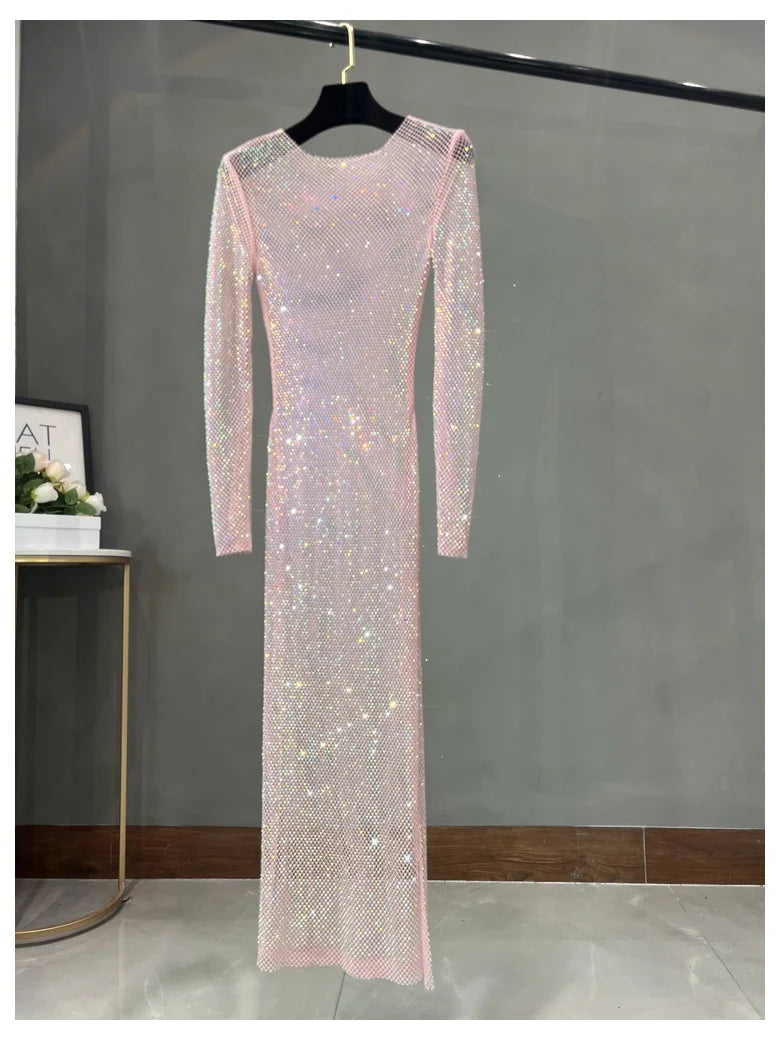 Club Apparel Sexy Rhinestone Dresses Long Sleeve Extra Diamond Dress