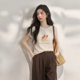 MISHOW Casual Fashion Cat Printed Beading T-Shirt For Women 2026 Summer Cute Design Round Neck Short Sleeve Top MXF24T1615
