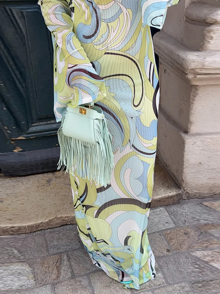 Sexy Print Backless Long Dress Women Round Neck Full Flare Sleeve Bodycon Dresses 2026 Summer Beach Lady Ankle-length Robes