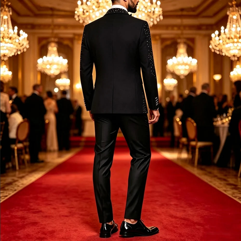 Men Sparkling Rhinestone Tuxedo Suit 3‑Pcs Set Blazer+Pants+Bow Tie Slim Fit Black Crystals Beading Wedding Groom Prom Party Stage Performance Formal Costume Homme