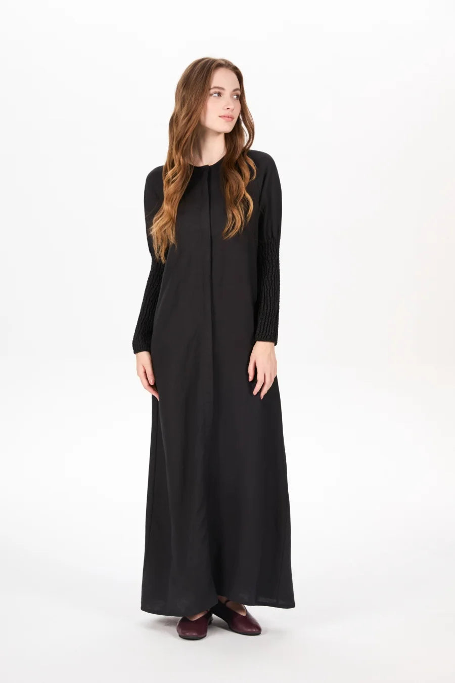 AS AW25 linen smocking sleeve dress high quality linen lady clothes hidden button down design
