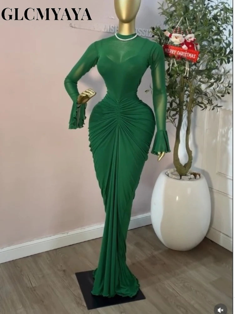 CM.YAYA Women's Flare Long Sleeve O-neck Ruched Mermaid Long Maxi Dress 2026 Street Mesh Sexy Party Cocktail Night Dresses