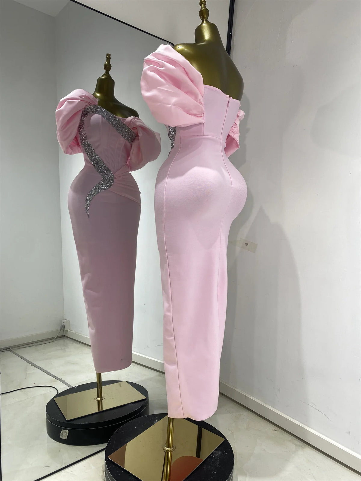 Pink Off Shoulder Satin Bandage Patchwork Evening Dress Silver Glitter Rhinestone Corset Formal Party Gown Guest Look Wholesale