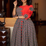 Elegant Dresses for Women 2025 Fall Fashion African 3/4 Sleeve Party Birthday New Robe Chic 3D Flower Plaid Evening A-Line Dress