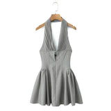 Sexy Women Gray Diamond Dot V Neck Pleated Ruched Halter Dress Backless Slim Low Waist Swing Ball Gown Short Dresses Robe