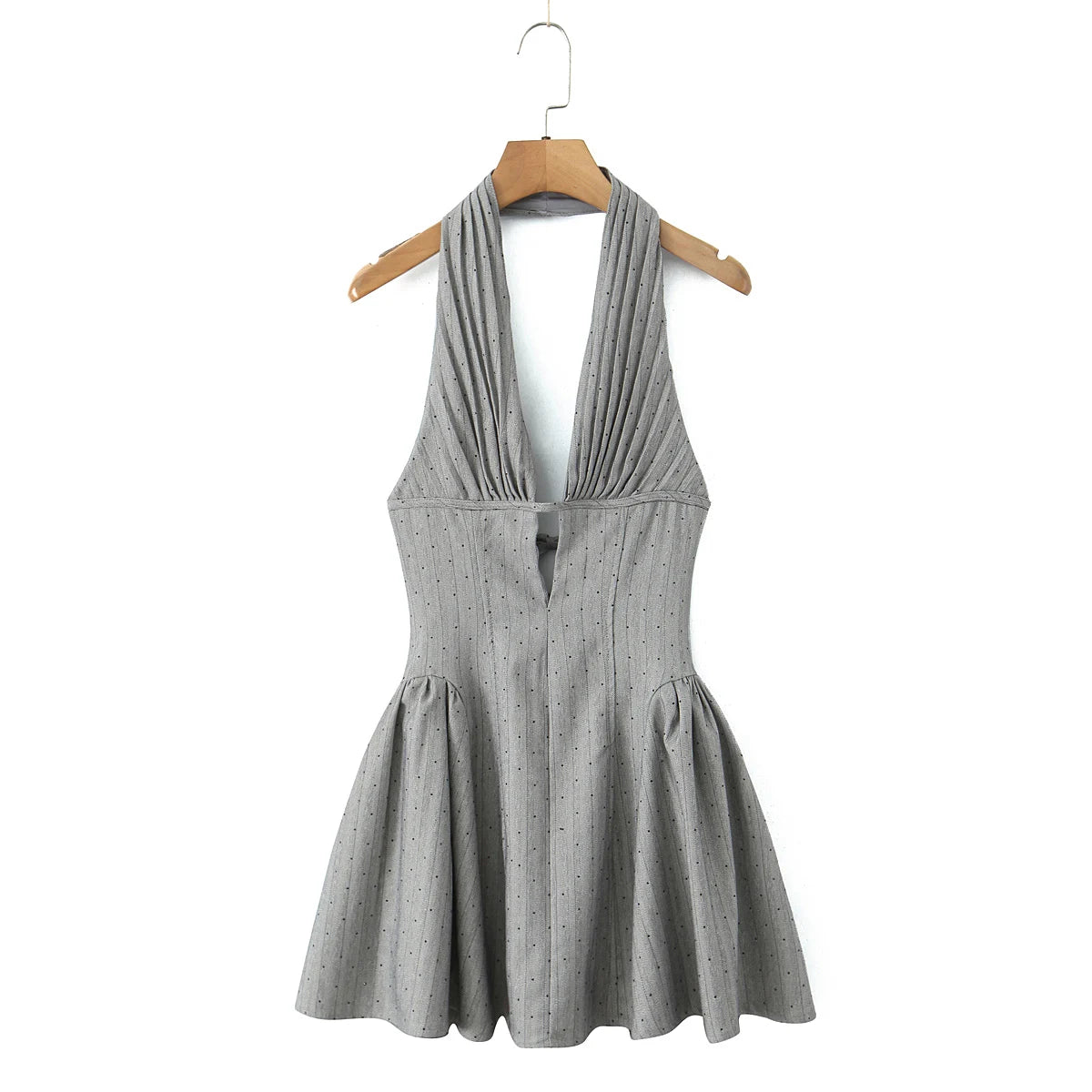Sexy Women Gray Diamond Dot V Neck Pleated Ruched Halter Dress Backless Slim Low Waist Swing Ball Gown Short Dresses Robe