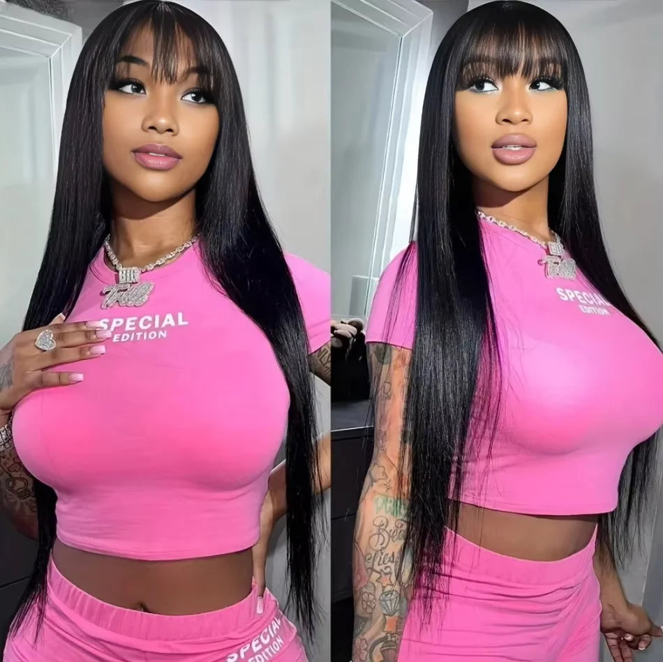30 32 Inch Glueless Wig Bone Straight Human Hair With Bangs 250 Density 3x1 Lace Middle Part Wigs For Women