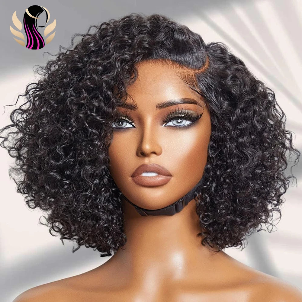 Deep Curly Bob Wig Human Hair Deep Wave Lace Front Wigs Human Hair Pre Plucked 4x4 Lace Closure Wigs Human Hair 250% Density Black Color 10-16 Inch For Black Women