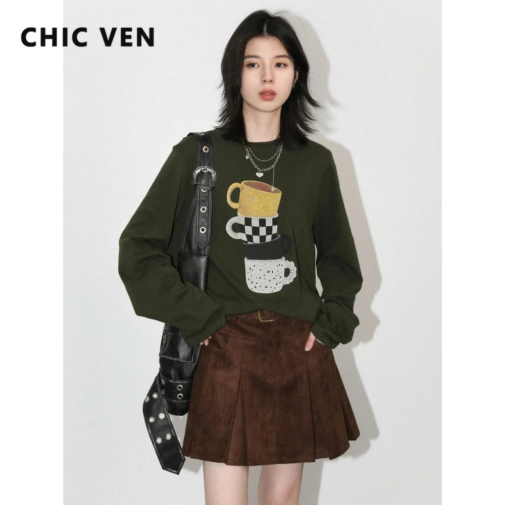 CHIC VEN Women T-Shirts Loose Casual New Retro Mug Print Cotton Long Sleeved Tees Female Top Spring Autumn 2026 Korean Clothing