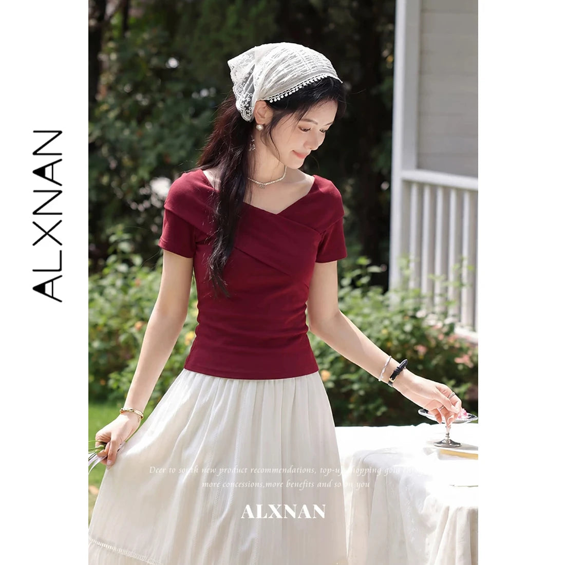 ALXNAN Black T-shirts 2026 Summer Cross V-neck Knit Short Sleeve T-shirt Women Elegant Casual Fashion Female Clothing L62865A