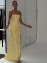Elegant Yellow Strapless Pleated Dress Women Chic Sleeveless Waist Cinching Split Maxi Gowns Lady Evening Party Dresses 2026 New