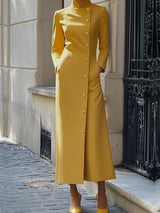 Freeacy Women's Yellow Mandarin Collar Diagonal Long Sleeve Buttoned Maxi Dress for Wedding Guest 2026 Luxury Office Dress