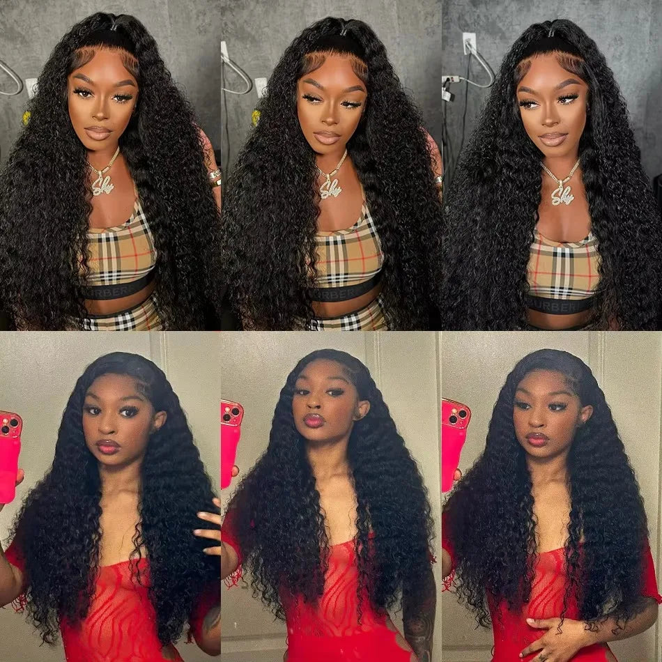 250 Density Deep Wave 40 Inch 13x6 13x4 HD Lace Front Wig 100%Human Hair Wig Water Wave Curly 360 Full Lace Front Wig Black