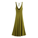 HH Women's Solid Vacation Style Satin Texture Backless V-neck Midi Dress Summer Female Elegant Sexy Lace-up Strap Dress