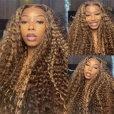 Honey Blonde Ombre Highlight Lace Front Wig Human Hair 13x6 Deep Wave HD Lace Curly WIG