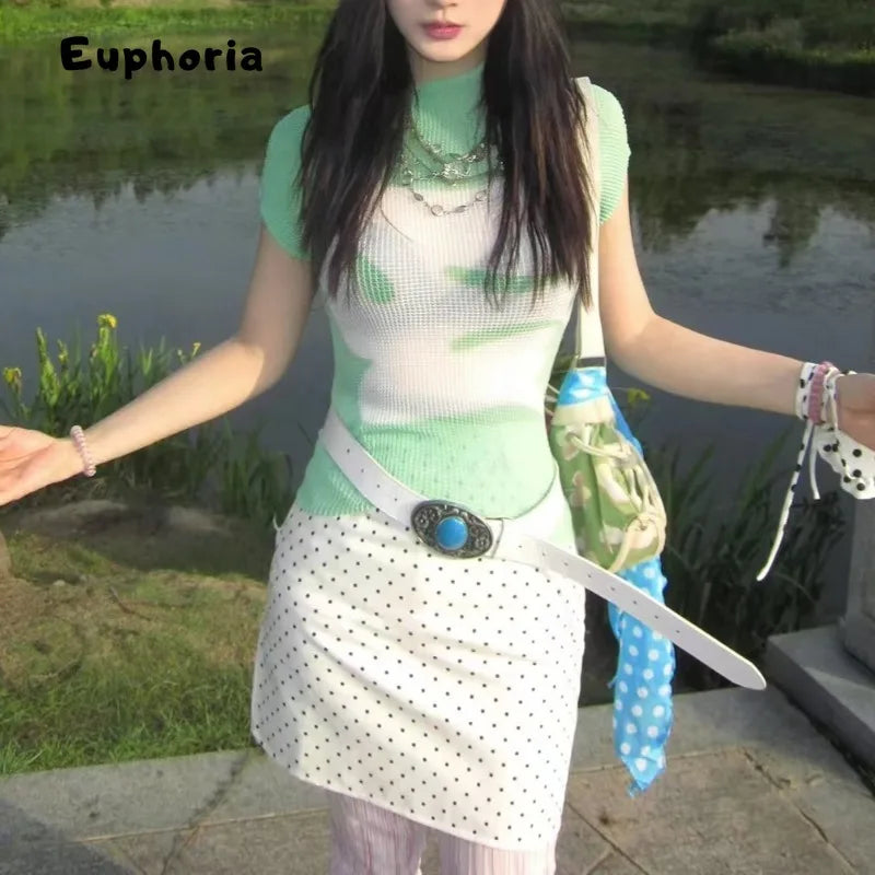 Euphoria Y2K Sweet Patchwork Green Short Sleeve Folds T-Shirts For Women Casual Slim Fit Fashion Knitted Tees Shoujo Tops
