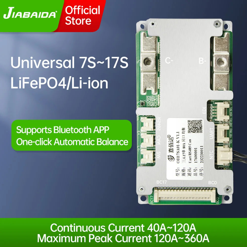 JBD OH17SA01 7S-17S 8S 24V 9S 10S 11S 13S 14S 36V 15S 16S 48V 40A-120A Smart BMS LiFePO4 Li-ion with UART RS485 CAN JR EDI