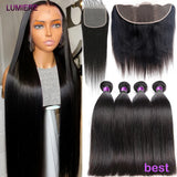 Bone Straight Human Hair Bundles with 13x4 HD Transparent Lace Frontal Closure And Bundle Real Virgin Hair Weave 3/4 Bundle Deal